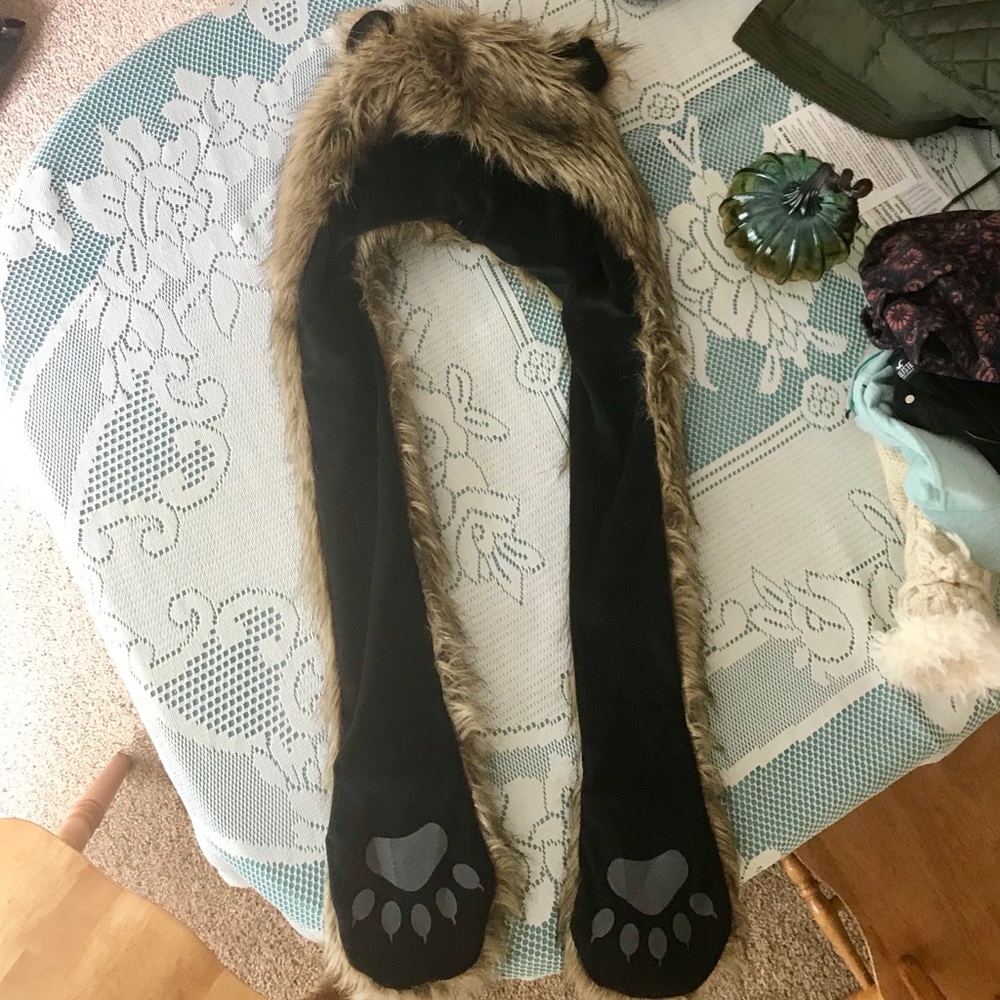 Furry Bear Hat with Built in Gloves